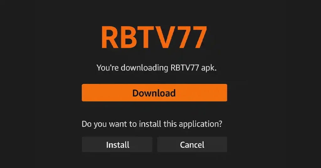 RBTV77 APK download page inside Downloader showing Download and Install buttons